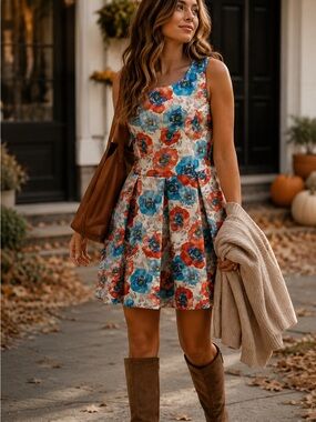 Collective Concepts Floral Fit & Flare Dress | Blue & Red Poppy Print | Size L